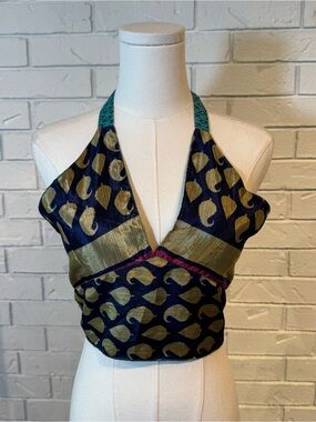 100% Silk Reversible Halter Crop Top Womens S/M